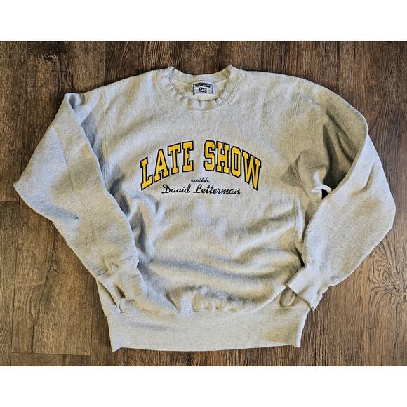 VINTAGE David Letterman Late Show Sweater Adult Large Gray Sweatshirt Distressed - Picture 1 of 8